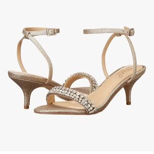 Jewel Badgley Mischka Gold Crystal-Strap Ankle-Strap Kitten Heels